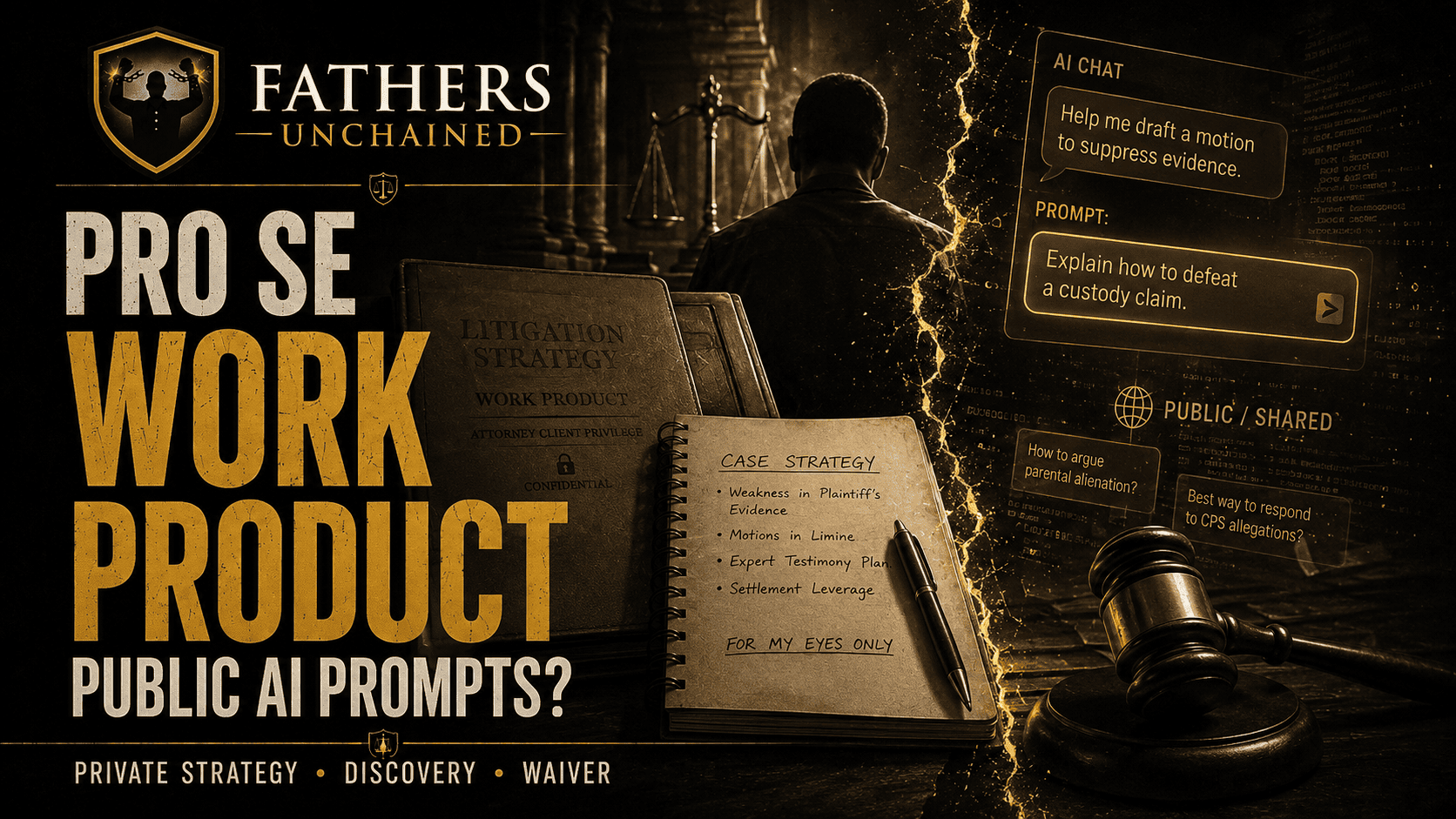 Fathers Unchained feature image about pro se work product doctrine, private litigation strategy, public AI prompts, discovery, and waiver.
