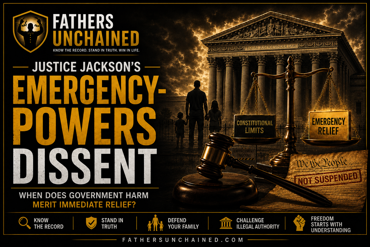 Justice Jackson emergency powers dissent graphic examining government harm, constitutional limits, due process, and emergency relief