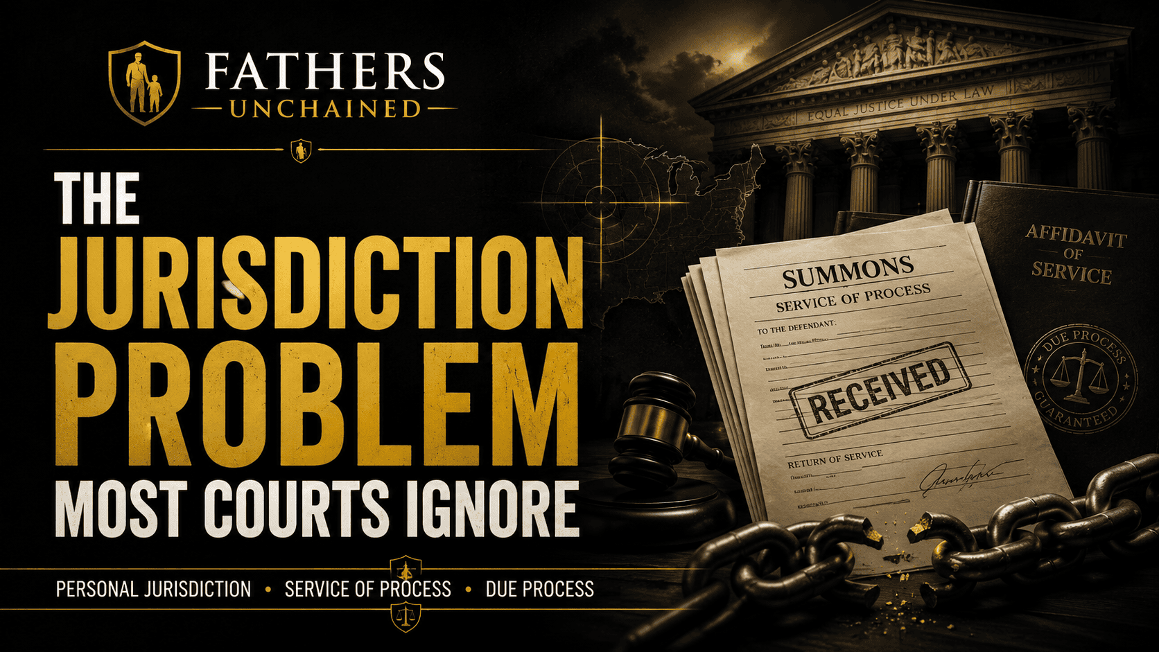 Fathers Unchained graphic about personal jurisdiction, service of process, due process, and court authority.