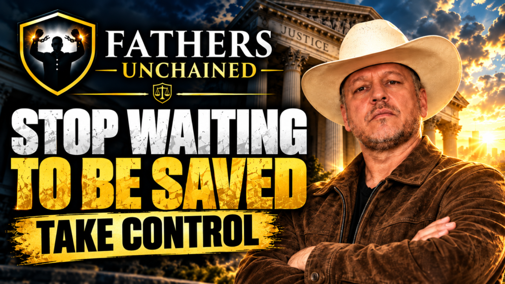 A determined man in a cowboy hat and brown suede jacket stands with arms crossed beside courthouse imagery and the words Stop Waiting to Be Saved and Take Control.