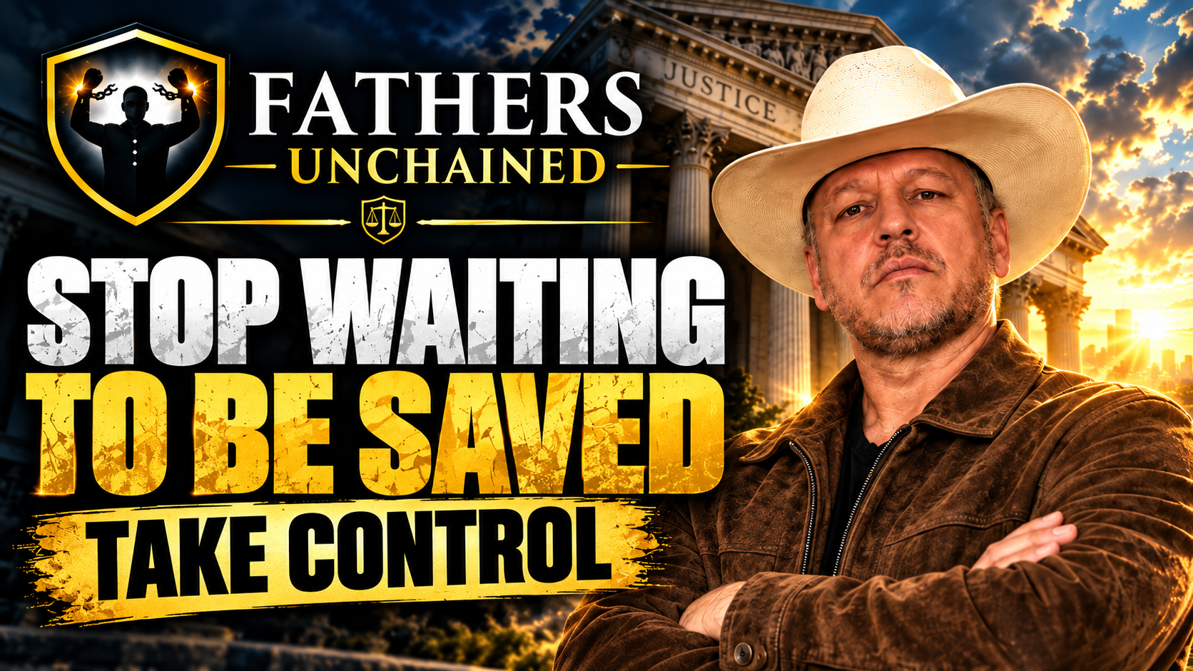 A determined man in a cowboy hat and brown suede jacket stands with arms crossed beside courthouse imagery and the words Stop Waiting to Be Saved and Take Control.